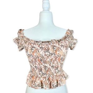 Floral Off-the-Shoulder Smocked Flounce Trim Crop Top-EUC, Medium